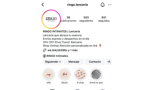 Captura del perfil de Instagram de Ringo Lencería